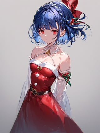 score_9,score_8_up,score_7_up,score_6_up, masterpiece, best quality
,//Character, 
1girl, solo, short hair, blue hair, shiny hair, red eyes, bangs, braid
,//Fashion, 
santa_costume, hair ribbon
,//Background, white_background
,//Others, ,Expressiveh,
dynamic pose, dark energy