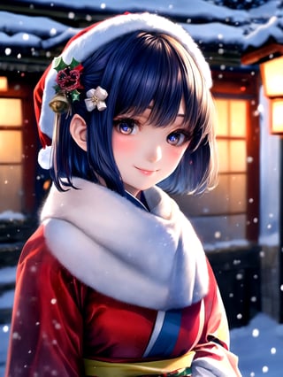 Warm lighting, beautiful Japanese girl, detailed face, shy smile, dark eyes, short bobbed hair, gorgeous hair ornament, details (dark blue silk brocade kimono), Kyoto, outdoors, winter, snow, full-length portrait, realistic ,Japanese girl, Santa Claus, Christmas, young girl, background slightly blurred,