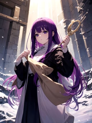 (masterpiece, top quality, best quality, official art, beautiful and aesthetic:1.2), 1girl, standing, hands up, close-up, magic, light rays, girl, snowy mountain, magician's wand, magician, spell magic, style-swirlmagic:0.8, (using dark magic:1.4),fern, purple_hair, purple_eyes