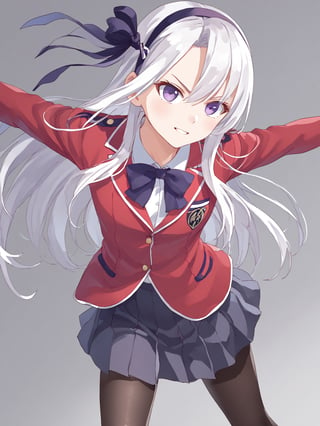 score_9,score_8_up,score_7_up,score_6_up, masterpiece, best quality, 8k, 8k UHD, ultra-high resolution, ultra-high definition, highres
,//Character, 
1girl, solo, long hair, white hair, purple eyes
,//Fashion, 
school uniform, red jacket, pantyhose, pleated skirt, hairband
,//Background, white_background
,//Others, ,Expressiveh,
fighting stance, dynamic pose,forehead