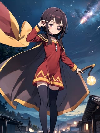 //Quality,
(masterpiece), (best quality), 8k illustration
,//Character,
1girl, solo, smile
,//Fashion,
,//Background,
night sky, meteor,  
,//Others,
make a wish,Megu-KJ , megu dress , megu cape , asymmetrical legwear, right thighhighs, eyepatch,Megu-KJ