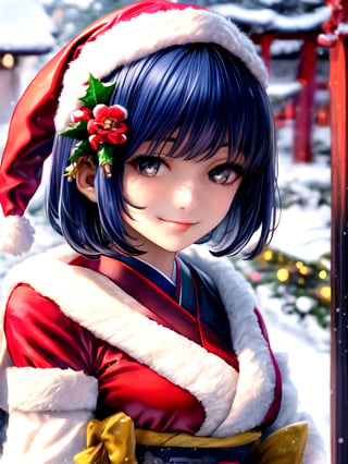 Warm lighting, beautiful Japanese girl, detailed face, shy smile, dark eyes, short bobbed hair, gorgeous hair ornament, details (dark blue silk brocade kimono), Kyoto, outdoors, winter, snow, full-length portrait, realistic ,Japanese girl, Santa Claus, Christmas, young girl, background slightly blurred,