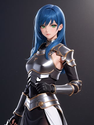 //Character, solo,MariaTraitor_SO3, 1girl, green eyes, long hair, blue hair, 
//Fashion, armor, fingerless gloves, pantyhose,
//Background, simple background, 
//Quality, (masterpiece), best quality, ultra-high resolution, ultra-high definition, highres, intricate, intricate details, absurdres, highly detailed, finely detailed, ultra-detailed, ultra-high texture quality, natural lighting, natural shadow, dramatic shading, dramatic lighting, vivid colour, perfect anatomy, 
//Others, gun