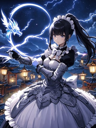 //Quality,
masterpiece, best quality, detailed
,//Character,
,narberal gamma \(overlord\), 1girl, solo, long hair, black hair, glay eyes, bangs, ponytail, medium breats
,//Fashion,
ribbon, bow, maid, dress, armor, gloves
,//Background,
night_sky, flying
,//Others,
magic chanting, magic circle, electric magic, lightning, oriental dragon