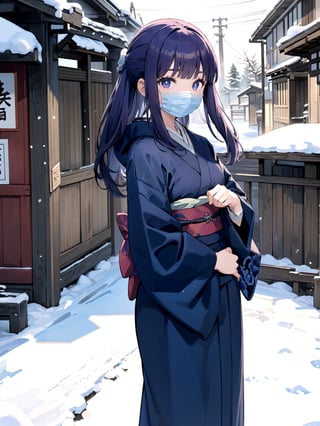 //Quality,
(masterpiece), (best quality), 8k illustration,
,//Character,
1girl, solo, 
,//Fashion,
details (dark blue silk brocade kimono)
,//Background,
Kyoto, outdoors, winter, snow
,//Others,
chin_mask,goodbye,aafern, long hair