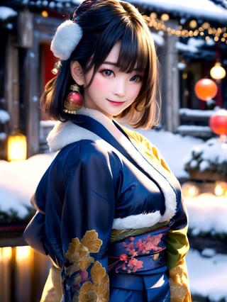 Warm lighting, beautiful Japanese girl, detailed face, shy smile, dark eyes, short bobbed hair, gorgeous hair ornament, details (dark blue silk brocade kimono), Kyoto, outdoors, winter, snow, full-length portrait, realistic ,Japanese girl, Santa Claus, Christmas, young girl, background slightly blurred,