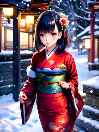 Warm lighting, beautiful Japanese girl, detailed face, shy smile, dark eyes, short bobbed hair, gorgeous hair ornament, details (dark blue silk brocade kimono), Kyoto, outdoors, winter, snow, full-length portrait, realistic ,Japanese girl, Santa Claus, Christmas, young girl, background slightly blurred,