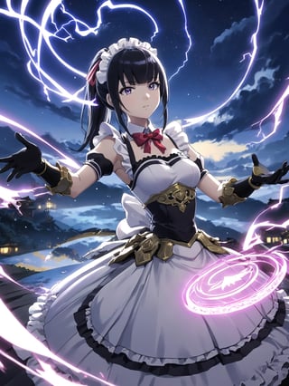 //Quality,
masterpiece, best quality, detailed
,//Character,
,narberal gamma \(overlord\), 1girl, solo, long hair, black hair, glay eyes, bangs, ponytail, medium breats
,//Fashion,
ribbon, bow, maid, dress, armor, gloves
,//Background,
night_sky, flying
,//Others,
magic chanting, magic circle, electric magic, lightning, oriental dragon