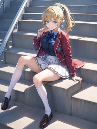 //Quality,
masterpiece, best quality, detailed
,//Character,
1girl, solo,KaruizawaKei, 1girl, blue eyes, blonde hair, ponytail, bangs, breasts, hair ornament
,//Fashion,
school uniform, red jacket, open jacket, hair scrunchie, bowtie, white skirt, pleated skirt, kneehighs, white socks, shoes
,//Background,
school stairs
,//Others,
sitting, smile