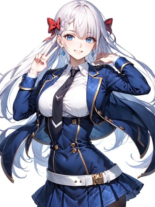 score_9,score_8_up,score_7_up,score_6_up, masterpiece, best quality
,//Character, 
1girl, solo,RiseliaRayCrystalia, very long hair, white hair, braid, blue eyes, medium breasts
,//Fashion, 
earrings, red hair bow, long sleeves, white shirt, collared shirt, black necktie, blue jacket, blue skirt, pleated skirt, black thighhighs, belt
,//Background, white_background
,//Others,
(making a V sign), smile,Expressiveh