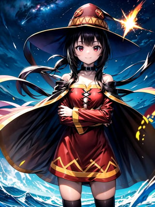 //Quality,
(masterpiece), (best quality), 8k illustration
,//Character,
1girl, solo, smile
,//Fashion,
,//Background,
night sky, meteor
,//Others,
superpower, book, float, feel astonished,Megu-KJ , megu dress , megu cape , asymmetrical legwear, right thighhighs, eyepatch,Megu-KJ