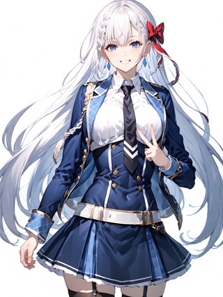 score_9,score_8_up,score_7_up,score_6_up, masterpiece, best quality
,//Character, 
1girl, solo,RiseliaRayCrystalia, very long hair, white hair, braid, blue eyes, medium breasts
,//Fashion, 
earrings, red hair bow, long sleeves, white shirt, collared shirt, black necktie, blue jacket, blue skirt, pleated skirt, black thighhighs, belt
,//Background, white_background
,//Others,
(making a V sign), smile,Expressiveh