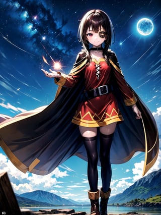 //Quality,
(masterpiece), (best quality), 8k illustration
,//Character,
1girl, solo, smile
,//Fashion,
,//Background,
night sky, meteor
,//Others,
superpower, book, float, feel astonished,Megu-KJ , megu dress , megu cape , asymmetrical legwear, right thighhighs, eyepatch,Megu-KJ