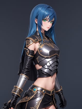 //Character, solo,MariaTraitor_SO3, 1girl, green eyes, long hair, blue hair, 
//Fashion, armor, fingerless gloves, pantyhose,
//Background, simple background, 
//Quality, (masterpiece), best quality, ultra-high resolution, ultra-high definition, highres, intricate, intricate details, absurdres, highly detailed, finely detailed, ultra-detailed, ultra-high texture quality, natural lighting, natural shadow, dramatic shading, dramatic lighting, vivid colour, perfect anatomy, 
//Others, gun