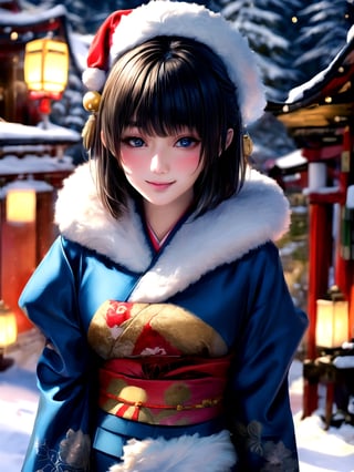 Warm lighting, beautiful Japanese girl, detailed face, shy smile, dark eyes, short bobbed hair, gorgeous hair ornament, details (dark blue silk brocade kimono), Kyoto, outdoors, winter, snow, full-length portrait, realistic ,Japanese girl, Santa Claus, Christmas, young girl, background slightly blurred,