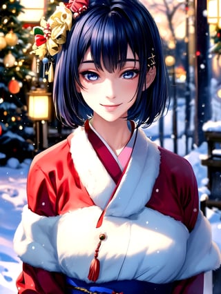 Warm lighting, beautiful Japanese girl, detailed face, shy smile, dark eyes, short bobbed hair, gorgeous hair ornament, details (dark blue silk brocade kimono), Kyoto, outdoors, winter, snow, full-length portrait, realistic ,Japanese girl, Santa Claus, Christmas, young girl, background slightly blurred,