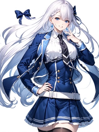 score_9,score_8_up,score_7_up,score_6_up, masterpiece, best quality
,//Character, 
1girl, solo,RiseliaRayCrystalia, very long hair, white hair, braid, blue eyes, medium breasts
,//Fashion, 
earrings, hair bow, long sleeves, white shirt, collared shirt, black necktie, blue jacket, blue skirt, pleated skirt, black thighhighs, belt
,//Background, white_background
,//Others,
making a V sign, smile,Expressiveh