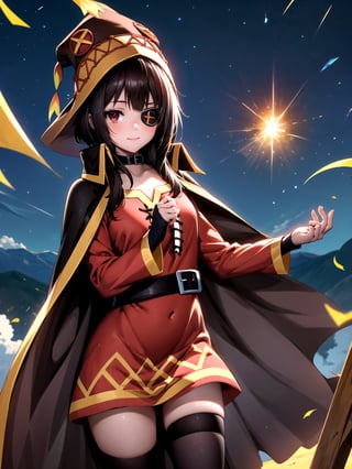 //Quality,
(masterpiece), (best quality), 8k illustration
,//Character,
1girl, solo, smile
,//Fashion,
,//Background,
night sky, meteor,  
,//Others,
make a wish,Megu-KJ , megu dress , megu cape , asymmetrical legwear, right thighhighs, eyepatch,Megu-KJ,liangxing