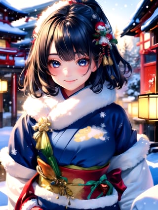 Warm lighting, beautiful Japanese girl, detailed face, shy smile, dark eyes, short bobbed hair, gorgeous hair ornament, details (dark blue silk brocade kimono), Kyoto, outdoors, winter, snow, full-length portrait, realistic ,Japanese girl, Santa Claus, Christmas, young girl, background slightly blurred,