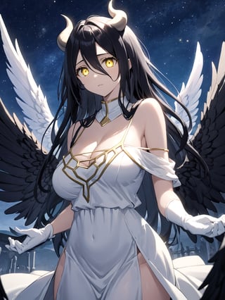 //Quality,
masterpiece, best quality, detailed
,//Character,
1girl, solo
,//Fashion,
,//Background,
star_(sky)
,//Others,
,albedo \(overlord\), 1girl, long hair, black hair, hair between eyes, yellow eyes, horns, ahoge, white gloves, white dress, bare shoulders, detached collar, cleavage, slit pupils, black wings, feathered wings, low wings