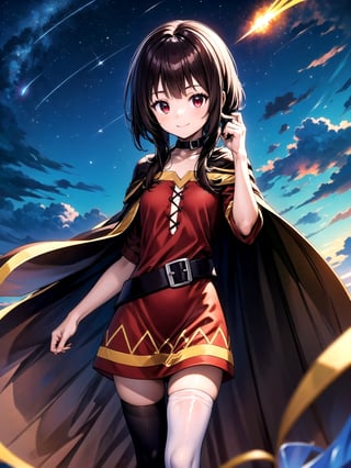 //Quality,
(masterpiece), (best quality), 8k illustration
,//Character,
1girl, solo, smile
,//Fashion,
,//Background,
night sky, meteor
,//Others,
superpower, book, float, feel astonished,Megu-KJ , megu dress , megu cape , asymmetrical legwear, right thighhighs, eyepatch,Megu-KJ