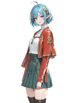 //Quality, masterpiece, best quality, detailmaster2, 8k, 8k UHD, ultra detailed, ultra-high resolution, ultra-high definition, highres, 
//Character, 1girl, solo, blue eyes, short hair, blue hair, pointy ears, ahoge,
//Fashion, red cape, skirt, thighhighs, crescent hair ornament,
//Background, white background, 
//Others, looking at viewer, smile, from_side