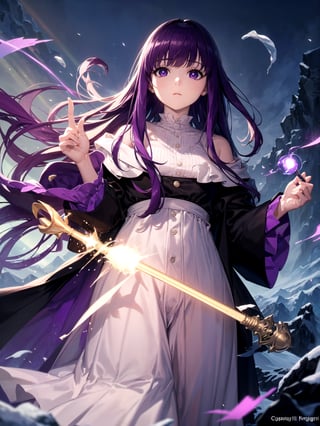 (masterpiece, top quality, best quality, official art, beautiful and aesthetic:1.2), 1girl, standing, hands up, close-up, magic, light rays, girl, snowy mountain, magician's wand, magician, spell magic, style-swirlmagic:0.8, (using dark magic:1.4),fern, purple_hair, purple_eyes