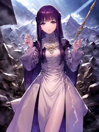 (masterpiece, top quality, best quality, official art, beautiful and aesthetic:1.2), 1girl, standing, hands up, close-up, magic, light rays, girl, snowy mountain, magician's wand, magician, spell magic, style-swirlmagic:0.8, (using dark magic:1.4),fern, purple_hair, purple_eyes