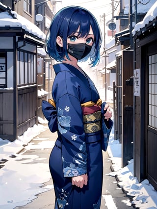 //Quality,
(masterpiece), (best quality), 8k illustration,
,//Character,
1girl, solo, 
,//Fashion,
details (dark blue silk brocade kimono)
,//Background,
Kyoto, outdoors, winter, snow
,//Others,
virus, mask, goodbye,hmakane, blue hair