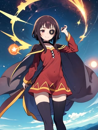 //Quality,
(masterpiece), (best quality), 8k illustration
,//Character,
1girl, solo, smile
,//Fashion,
,//Background,
night sky, meteor,  
,//Others,
make a wish,Megu-KJ , megu dress , megu cape , asymmetrical legwear, right thighhighs, eyepatch,Megu-KJ