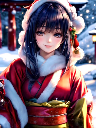 Warm lighting, beautiful Japanese girl, detailed face, shy smile, dark eyes, short bobbed hair, gorgeous hair ornament, details (dark blue silk brocade kimono), Kyoto, outdoors, winter, snow, full-length portrait, realistic ,Japanese girl, Santa Claus, Christmas, young girl, background slightly blurred,