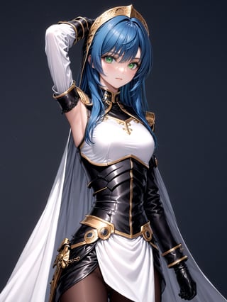 //Character, solo,MariaTraitor_SO3, 1girl, green eyes, long hair, blue hair, 
//Fashion, armor, fingerless gloves, pantyhose,
//Background, simple background, 
//Quality, (masterpiece), best quality, ultra-high resolution, ultra-high definition, highres, intricate, intricate details, absurdres, highly detailed, finely detailed, ultra-detailed, ultra-high texture quality, natural lighting, natural shadow, dramatic shading, dramatic lighting, vivid colour, perfect anatomy, 
//Others, gun