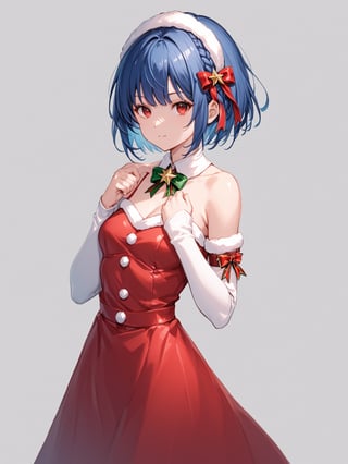 score_9,score_8_up,score_7_up,score_6_up, masterpiece, best quality
,//Character, 
1girl, solo, short hair, blue hair, shiny hair, red eyes, bangs, braid
,//Fashion, 
santa_costume, hair ribbon
,//Background, white_background
,//Others, ,Expressiveh,
dynamic pose, dark energy