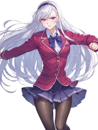 score_9,score_8_up,score_7_up,score_6_up, masterpiece, best quality, 8k, 8k UHD, ultra-high resolution, ultra-high definition, highres
,//Character, 
1girl, solo, long hair, white hair, purple eyes
,//Fashion, 
school uniform, red jacket, pantyhose, pleated skirt, hairband
,//Background, white_background
,//Others, ,Expressiveh,
fighting stance, dynamic pose