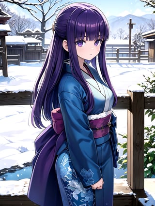 //Quality,
(masterpiece), (best quality), 8k illustration,
,//Character,
1girl, solo,
,//Fashion,
details (dark blue silk brocade kimono)
,//Background,
Kyoto, outdoors, winter, snow
,//Others,
goodbye,aafern, long hair, purple hair