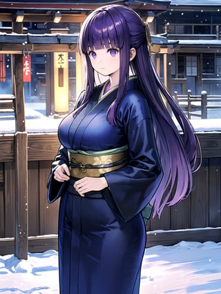 //Quality,
(masterpiece), (best quality), 8k illustration,
,//Character,
1girl, solo, large breasts
,//Fashion,
details (dark blue silk brocade kimono)
,//Background,
Kyoto, outdoors, winter, snow
,//Others,
goodbye pose,aafern, long hair, purple hair, blunt bangs