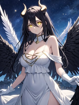 //Quality,
masterpiece, best quality, detailed
,//Character,
1girl, solo
,//Fashion,
,//Background,
star_(sky)
,//Others,
,albedo \(overlord\), 1girl, long hair, black hair, hair between eyes, yellow eyes, horns, ahoge, white gloves, white dress, bare shoulders, detached collar, cleavage, slit pupils, black wings, feathered wings, low wings