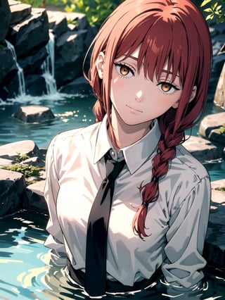 //Quality,
(masterpiece), (best quality), 8k illustration
,//Character,
1girl, solo
,//Fashion,
,//Background,
onsen
,//Others,
,makima (chainsaw man), red hair, long braided hair, golden eyes, bangs, medium breasts, white shirt, necktie, stare