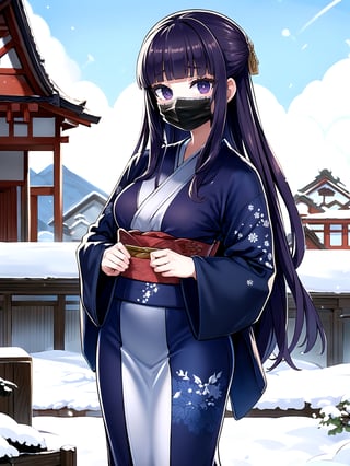 //Quality,
(masterpiece), (best quality), 8k illustration,
,//Character,
1girl, solo, 
,//Fashion,
details (dark blue silk brocade kimono)
,//Background,
Kyoto, outdoors, winter, snow
,//Others,
chin mask,goodbye,aafern, long hair