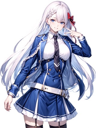 score_9,score_8_up,score_7_up,score_6_up, masterpiece, best quality
,//Character, 
1girl, solo,RiseliaRayCrystalia, very long hair, white hair, braid, blue eyes, medium breasts
,//Fashion, 
earrings, red hair bow, long sleeves, white shirt, collared shirt, black necktie, blue jacket, blue skirt, pleated skirt, black thighhighs, belt
,//Background, white_background
,//Others,
(making a V sign), smile