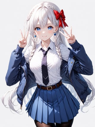 score_9,score_8_up,score_7_up,score_6_up, masterpiece, best quality
,//Character, 
1girl, solo,RiseliaRayCrystalia, very long hair, white hair, braid, blue eyes, medium breasts
,//Fashion, 
earrings, red hair bow, long sleeves, white shirt, collared shirt, black necktie, blue jacket, blue skirt, pleated skirt, black thighhighs, belt
,//Background, white_background
,//Others,
(making a V sign), smile,Expressiveh