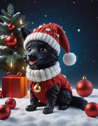 a detailed view photo of a chibi Santa Claus black wolf dog made of knitting,wild wolf dog,Tongue out,((isolated on a plain night background)),snow man on the floor, hyper detailed, trending on artstation, sharp focus, studio photo,8K,masterpiece,best quality,high resolution,aesthetic portrait,ral-chrcrts,christmas,sweetscape