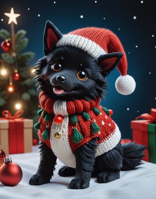 a detailed view photo of a chibi Santa Claus black wolf dog made of knitting,wild wolf dog,Tongue out,((isolated on a plain night background)),hyper detailed, trending on artstation, sharp focus, studio photo,8K,masterpiece,best quality,high resolution,aesthetic portrait,ral-chrcrts,christmas,sweetscape