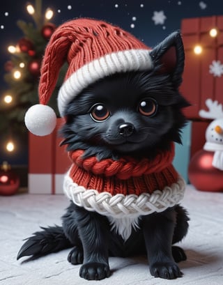 a detailed view photo of a chibi Santa Claus black wolf dog made of knitting,Tongue out,((dog looking at viewer,isolated on a plain night background)),snowman on the floor, hyper detailed, trending on artstation, sharp focus, studio photo,8K,masterpiece,best quality,high resolution,aesthetic portrait,ral-chrcrts,christmas,sweetscape