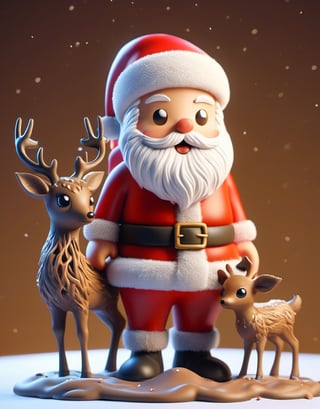 a detailed view photo of a cute Santa Claus and deer made of Mud glue,simple_night background,hyper detailed, trending on artstation, sharp focus, studio photo,8K,masterpiece,best quality,high resolution,
Design a spectacular Merry Christmas text featuring intricate details. Write 'Merry Christmas'  in the picture,