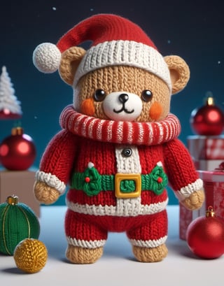 a detailed view photo of a chibi Santa Claus bear made of knitting,((isolated on a plain night background)),hyper detailed, trending on artstation, sharp focus, studio photo,8K,masterpiece,best quality,high resolution,aesthetic portrait,ral-chrcrts,christmas,sweetscape