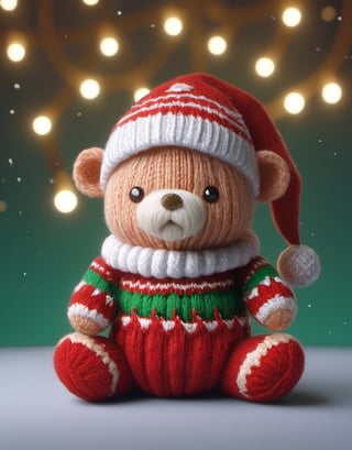 a detailed view photo of a chibi Santa Claus bear made of knitting,((isolated on a plain night background)),hyper detailed, trending on artstation, sharp focus, studio photo,8K,masterpiece,best quality,high resolution,aesthetic portrait,ral-chrcrts,christmas,sweetscape