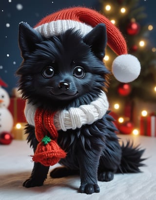 a detailed view photo of a chibi Santa Claus black wolf dog made of knitting,Tongue out,((isolated on a plain night background)),snowman on the floor, hyper detailed, trending on artstation, sharp focus, studio photo,8K,masterpiece,best quality,high resolution,aesthetic portrait,ral-chrcrts,christmas,sweetscape,looking_at_viewer