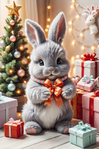 Fluffy baby grey bunny opening gifts for Christmas, pastel colors, complementary colors