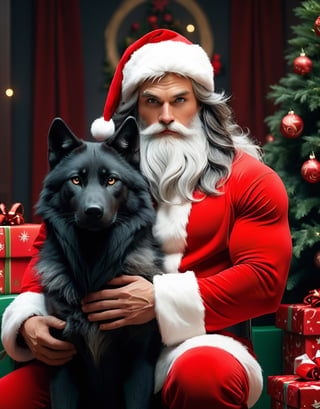 (((very long hair man :1.8,Long hair covering nipples,))),((a detailed view photo of a muscular Santa Claus  man and a cute black wolf dog,topless:2.8,long hair,christmas tree background,giftboxes on the floor,indoor)), hyper detailed, trending on artstation, sharp focus, studio photo,8K,masterpiece,best quality,high resolution,aesthetic portrait,christmas,sweetscape,Stylish,Movie Still,